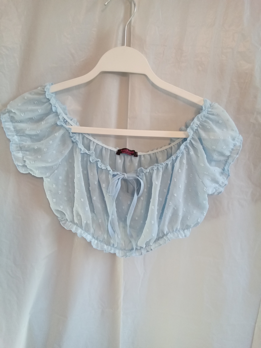 Avid Love Light Blue Swiss Dot Off-Shoulder Crop Top with Front Tie. Sheer